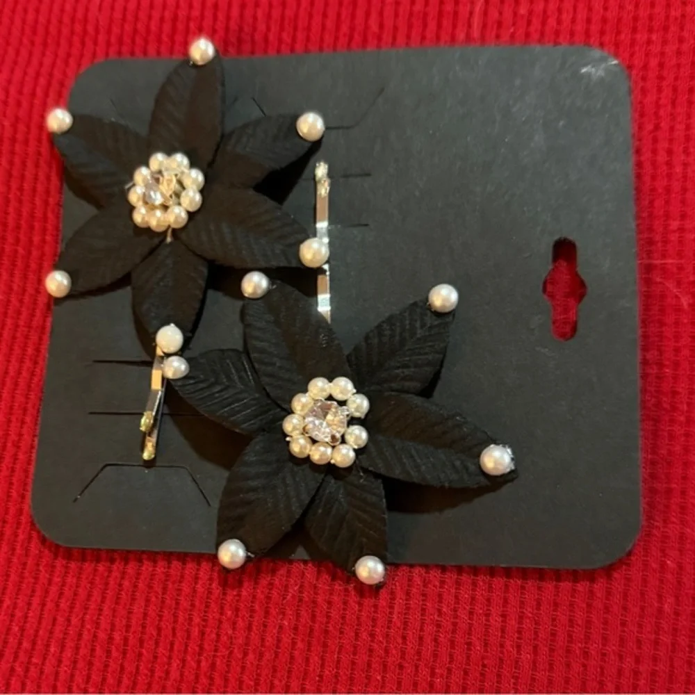 Black Floral Hair Pin with Pearl Accents